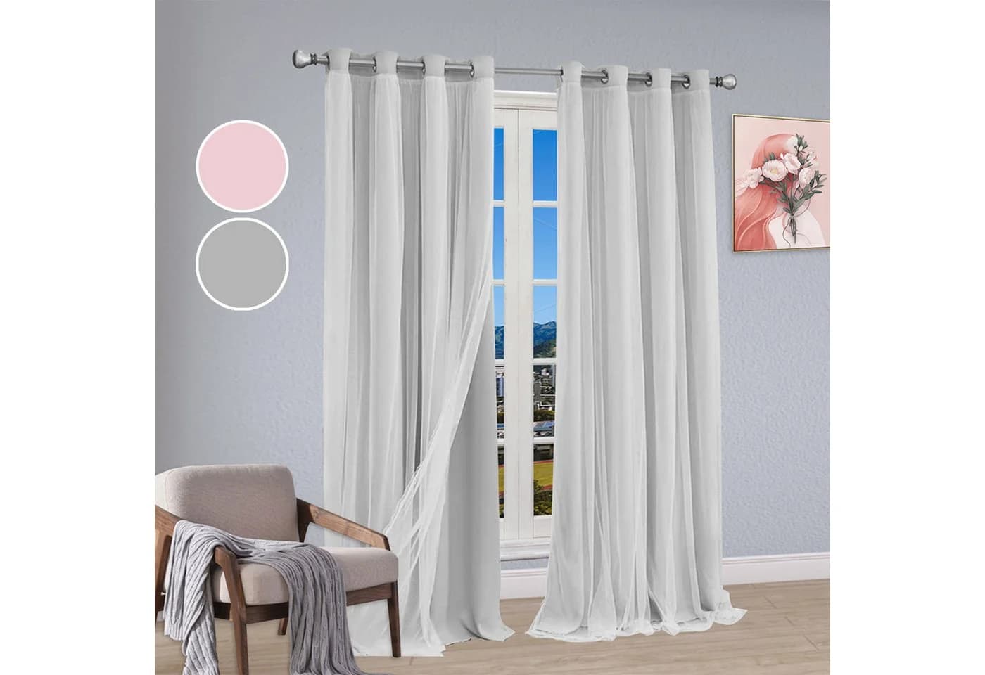 Rosnek Verdunklungsvorhang 2er Set mit Tüll, Grau/Rosa, Ösenaufhängung - Bild 2