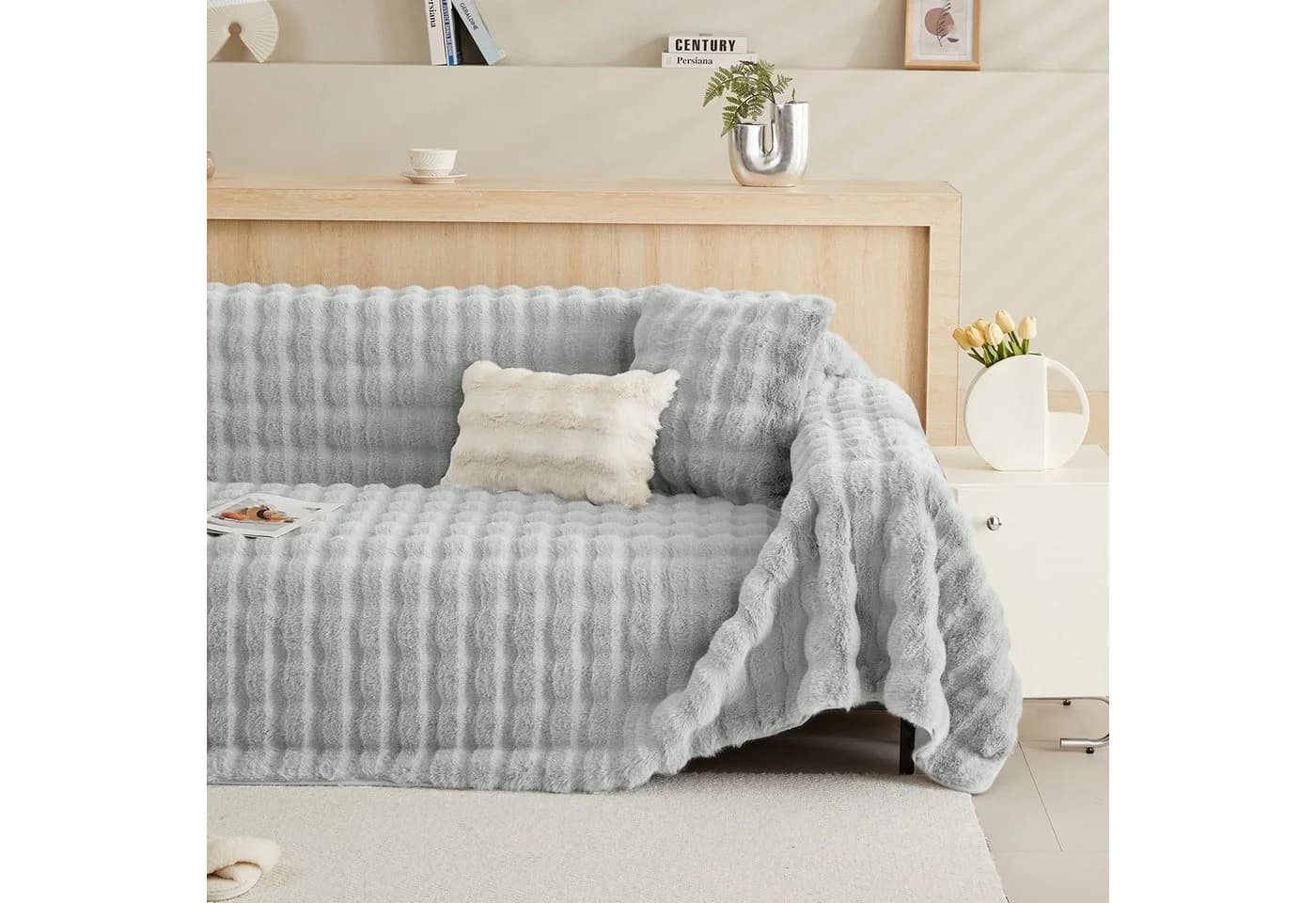 Rosnek Sofahusse Zottelig Warm Wellendesign Rutschfest Grau - Bild 4