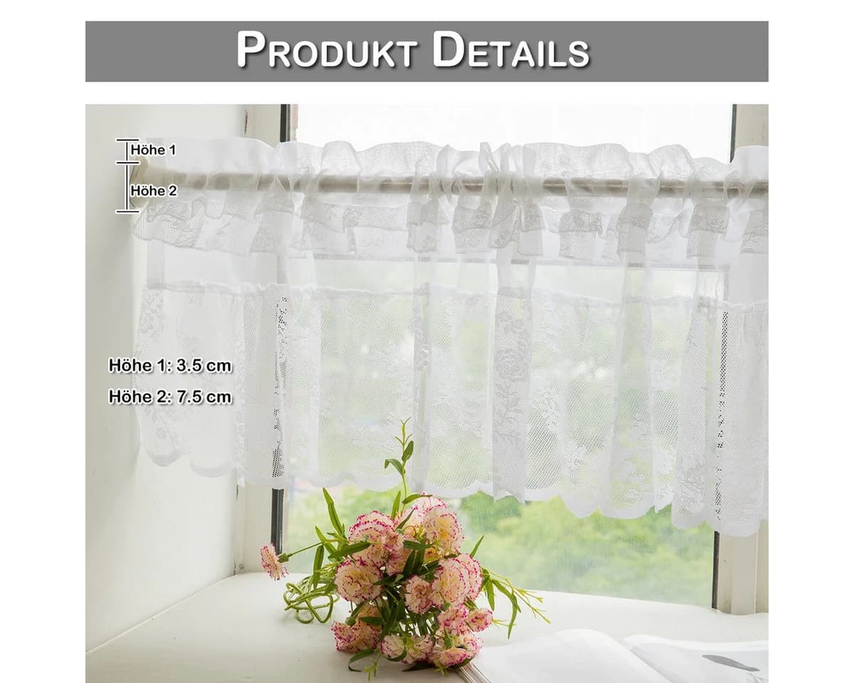 BTTO V&G Scheibengardine Kurze Scheibengardinen,Floral Spitze Kurzes Fenster Vorhang (2 St), transparent, für Küche Wohnzimmer Schlafzimmer,1/2 Stück