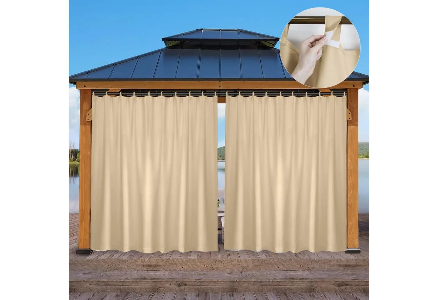 Jibenhome Terrassenvorhang Outdoor Verdunkelnd Wasserdicht Beige Grau Schwarz - Bild 2