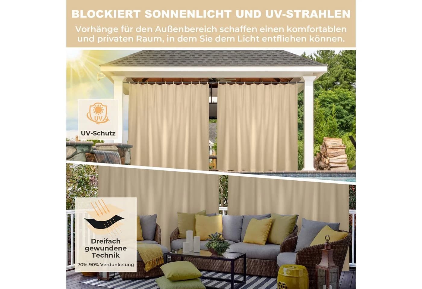 Jibenhome Terrassenvorhang Outdoor Verdunkelnd Wasserdicht Beige Grau Schwarz - Bild 4