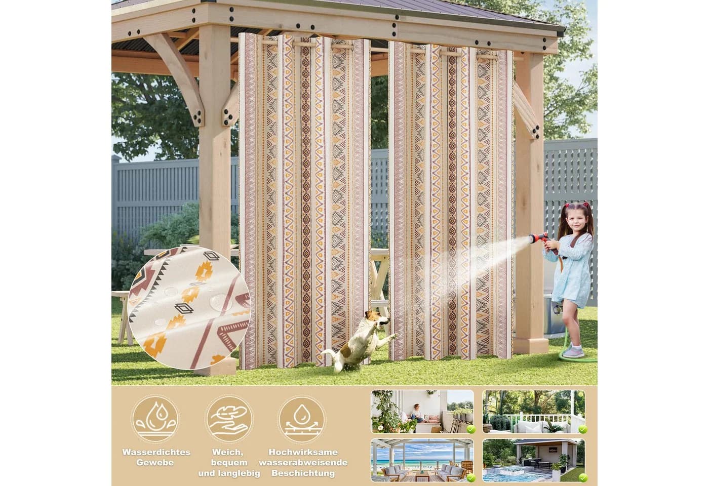 Jibenhome Outdoorgardine Wetterfest mit Ösen Boho Style 2er Set