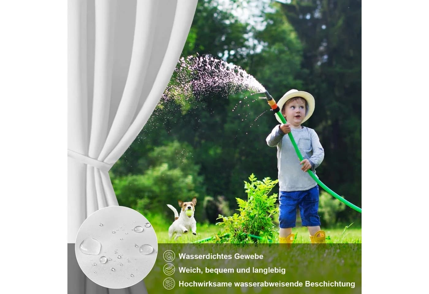 BTTO V&G Outdoorgardine Verdunkelnd Wasserdicht Grauweiß Magic Tape