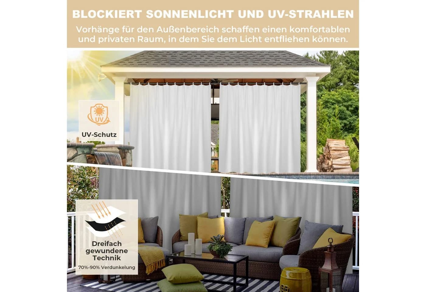BTTO V&G Outdoorgardine Verdunkelnd Wasserdicht Grauweiß Magic Tape - Bild 4