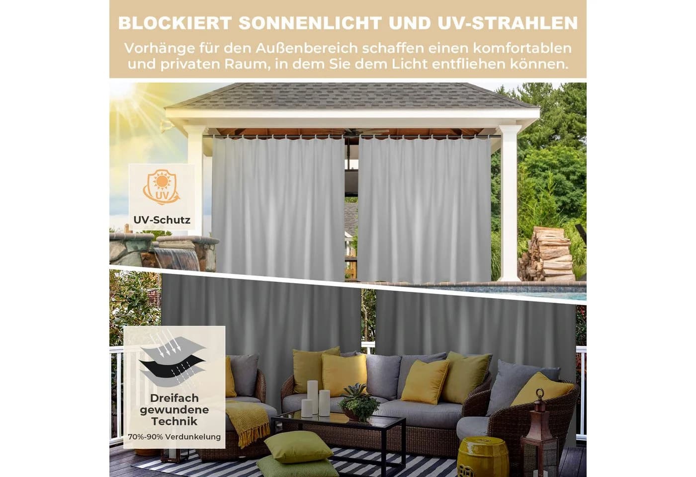 BTTO V&G Outdoorgardine Grau Verdunkelnd Wasserdicht mit Magic Tape - Bild 5