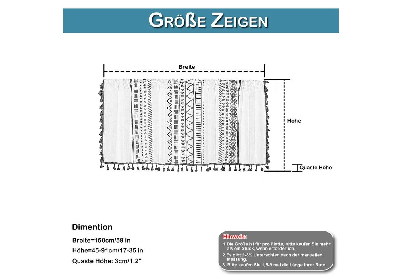 BTTO Scheibengardine mit Quasten 2er Set Transparent Boho