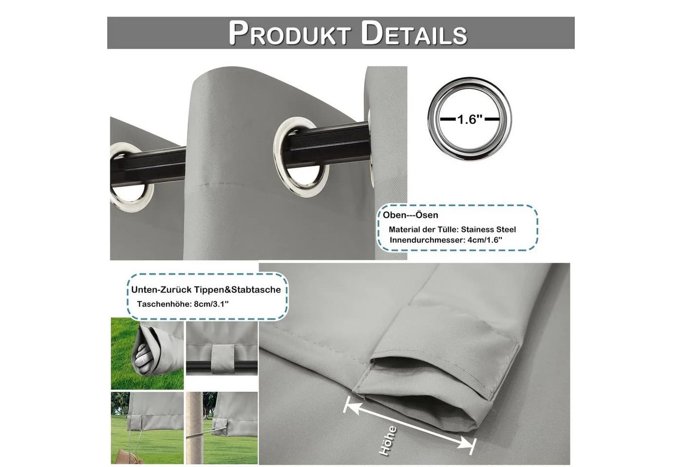 BTTO V&G Outdoorgardine Winddicht Verdunkelnd Hellgrau 2 St - Bild 3
