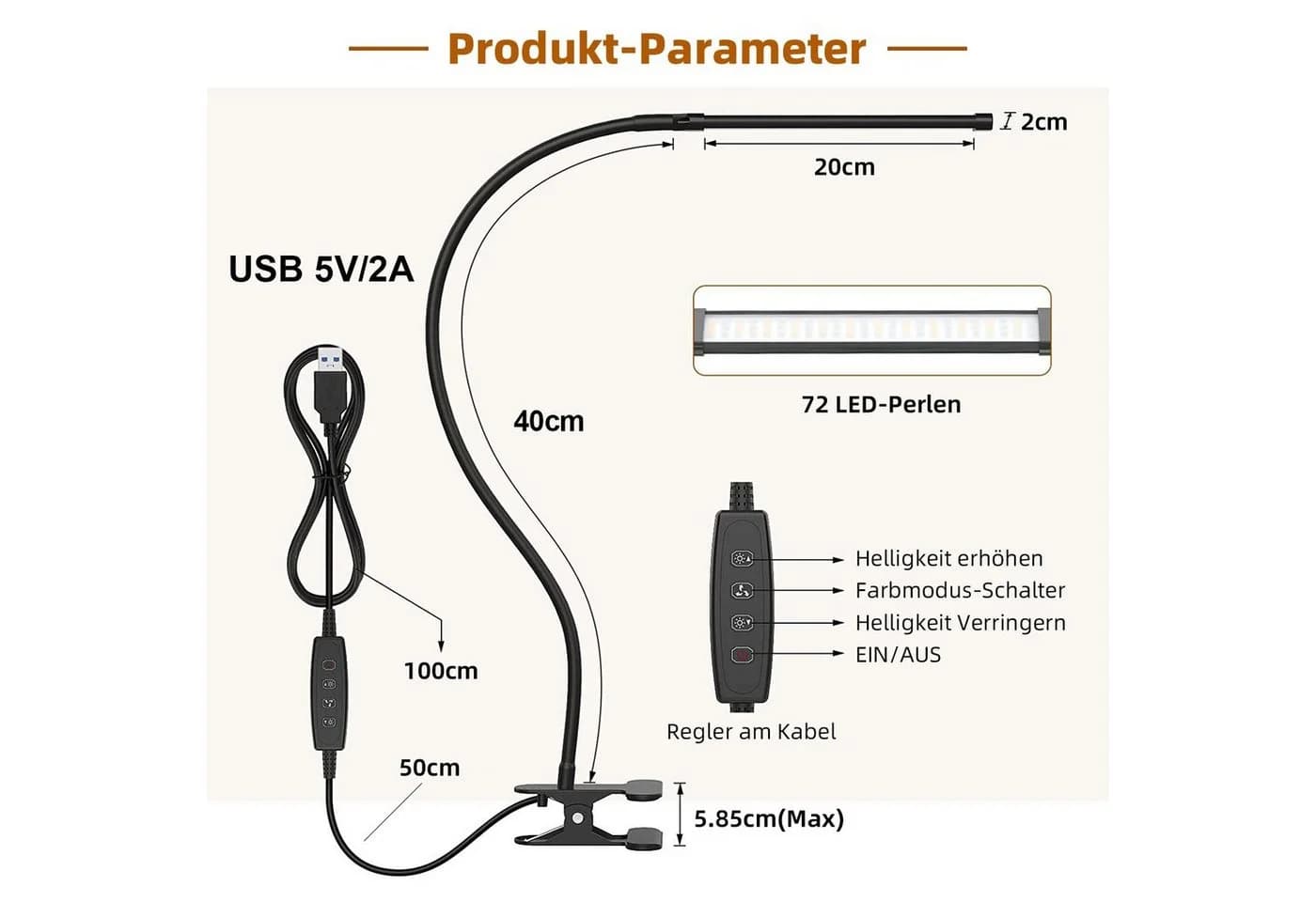 MUPOO LED Schreibtischlampe Klemmbar Schwarz Flexibler Schwanenhals