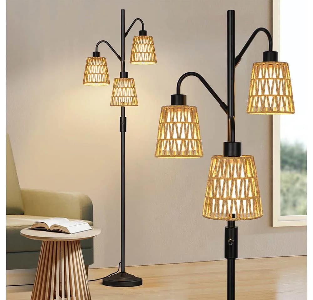 MUPOO LED Stehlampe Boho Rattan 3-flammig Dimmbar Schwarz - Bild 2