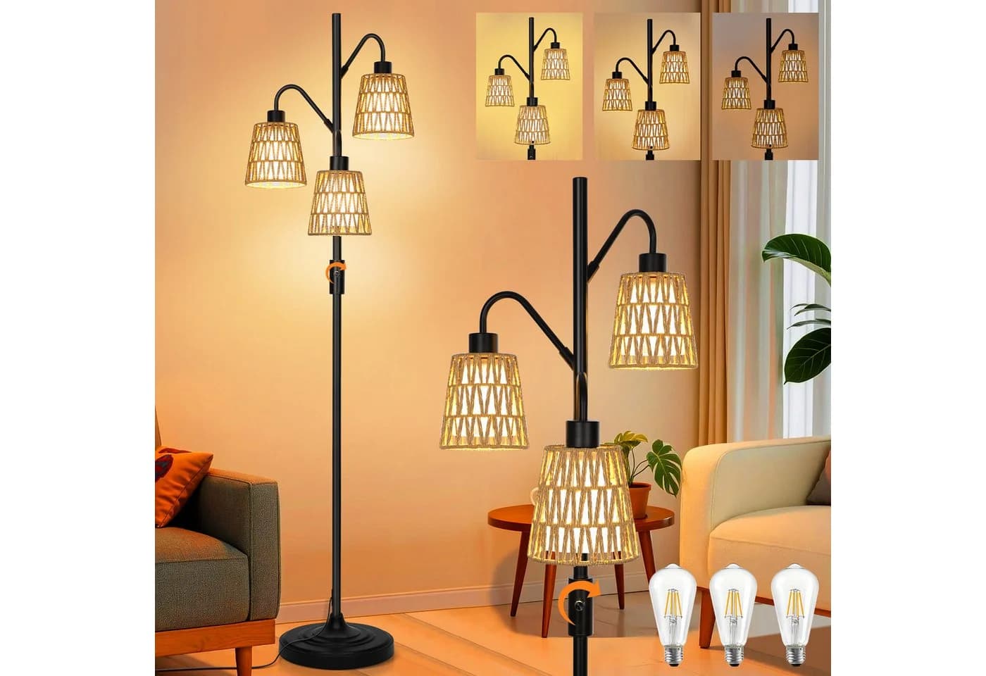 MUPOO LED Stehlampe Boho Rattan 3-flammig Dimmbar Schwarz - Bild 4