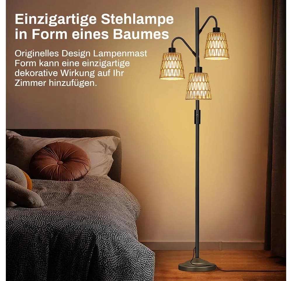 MUPOO LED Stehlampe Boho Rattan 3-flammig Dimmbar Schwarz - Bild 5