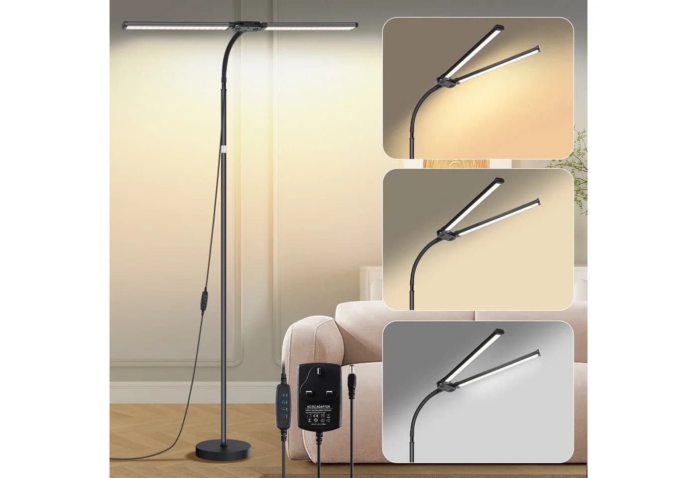 MUPOO LED Stehlampe Doppelkopf Schwarz Dimmbar 10 Stufen - Bild 2