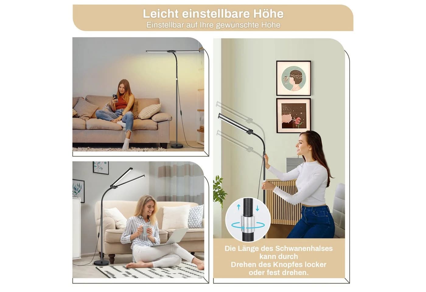 MUPOO LED Stehlampe Doppelkopf Schwarz Dimmbar 10 Stufen - Bild 3