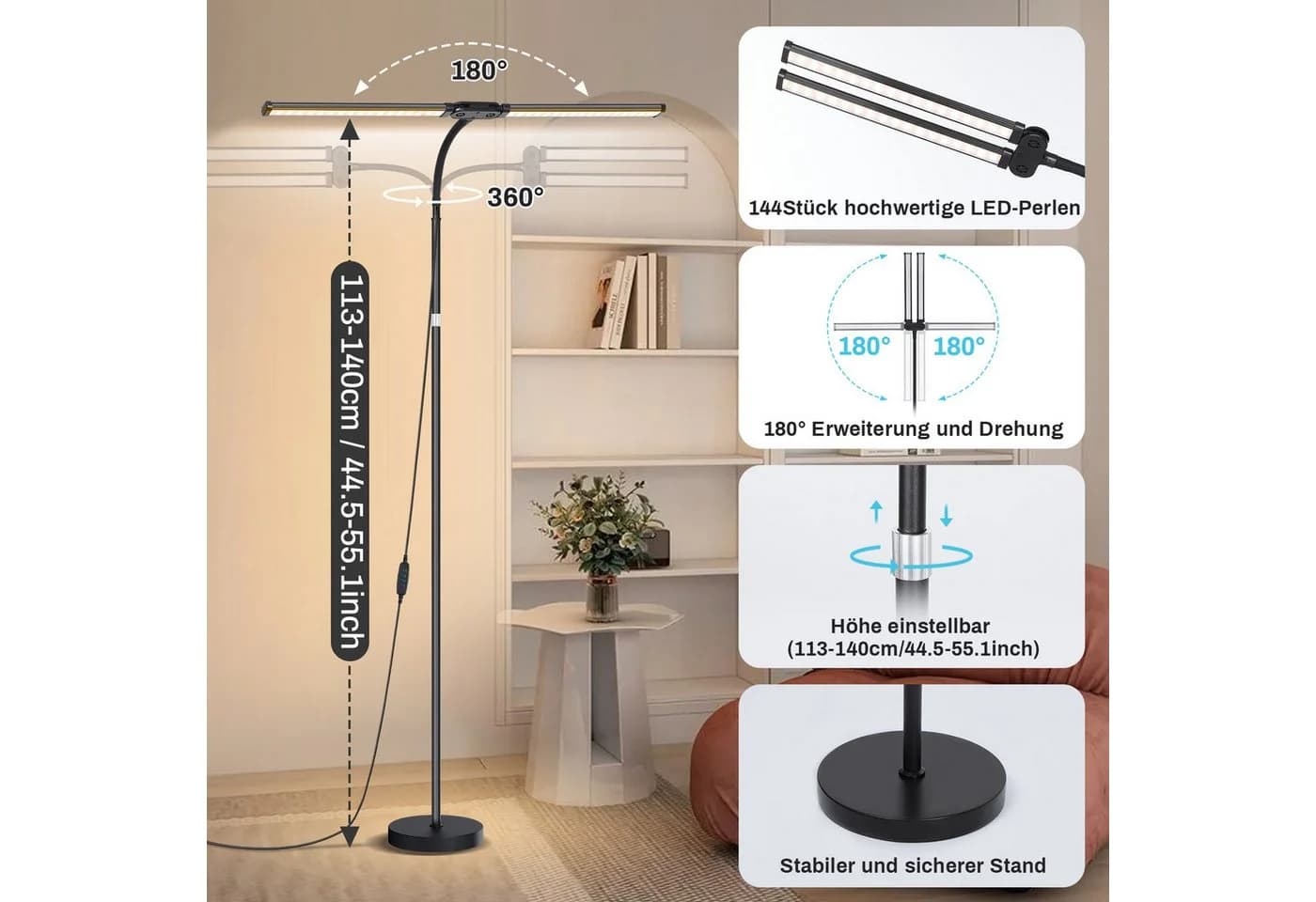 MUPOO LED Stehlampe Doppelkopf Schwarz Dimmbar 10 Stufen - Bild 4
