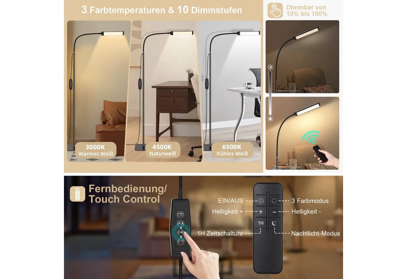 MUPOO LED Stehlampe 120 LED Standleuchten mit Fernbedienung, Helligkeit und Farbtemperatur Einstellbar, Höhenverstellbar