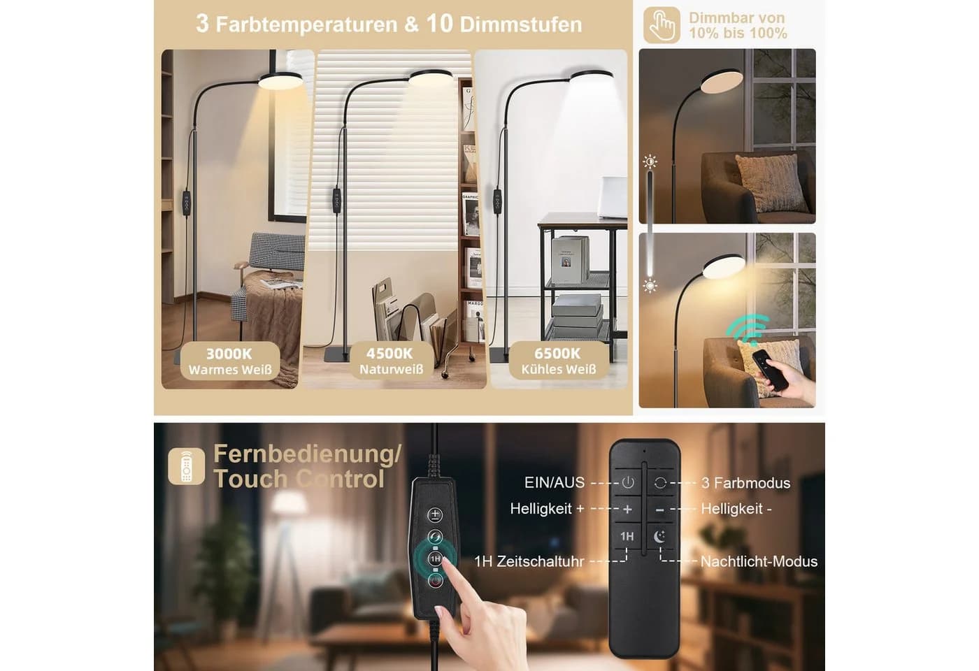 MUPOO LED Stehlampe Schwarz Dimmbar mit Fernbedienung