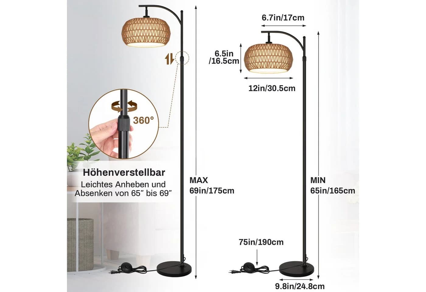 Jibenhome Stehlampe Vintage Dimmbar Rattan Schwarz