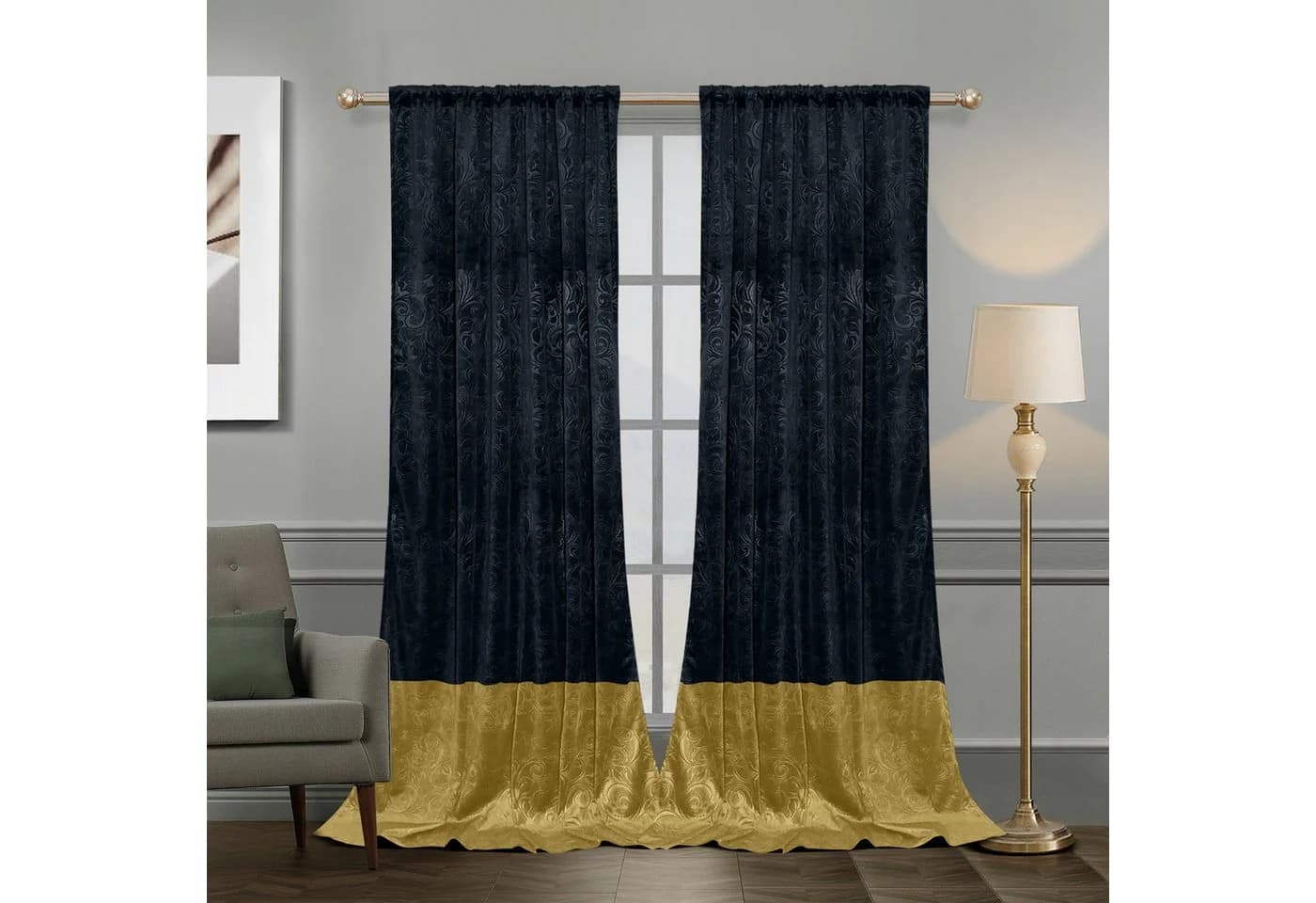 Jibenhome Samt Vorhang 2er Set Schwarz/Gold Floral Verdunkelnd - Bild 2
