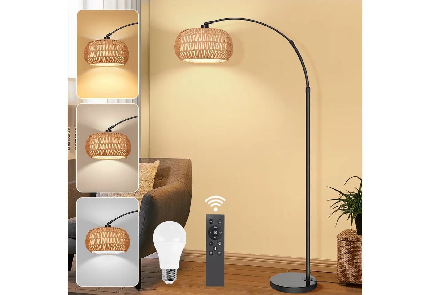 Jibenhome LED Stehlampe Rattan Boho Dimmable 183cm - Bild 2