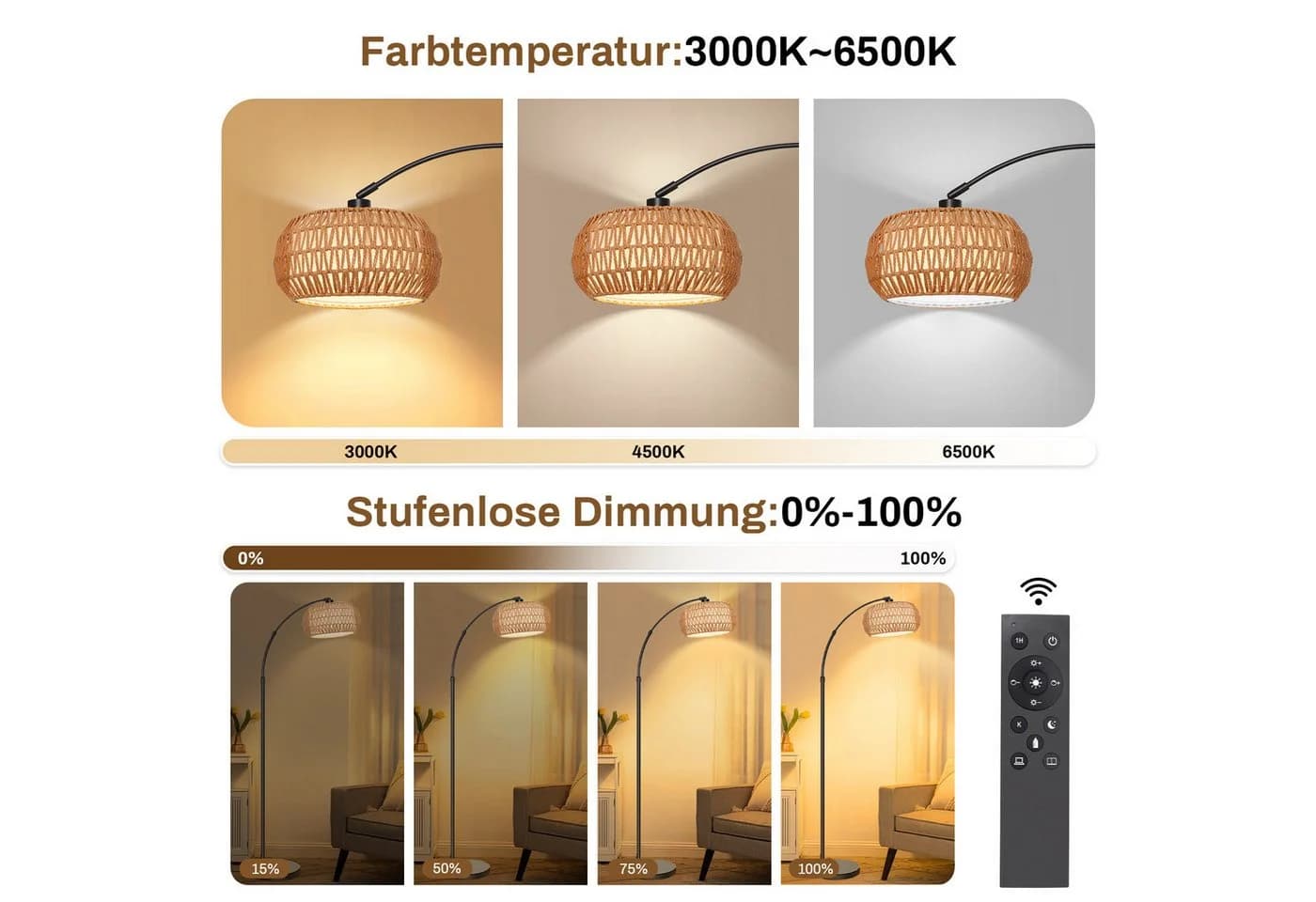 Jibenhome LED Stehlampe Rattan Boho Dimmable 183cm - Bild 3