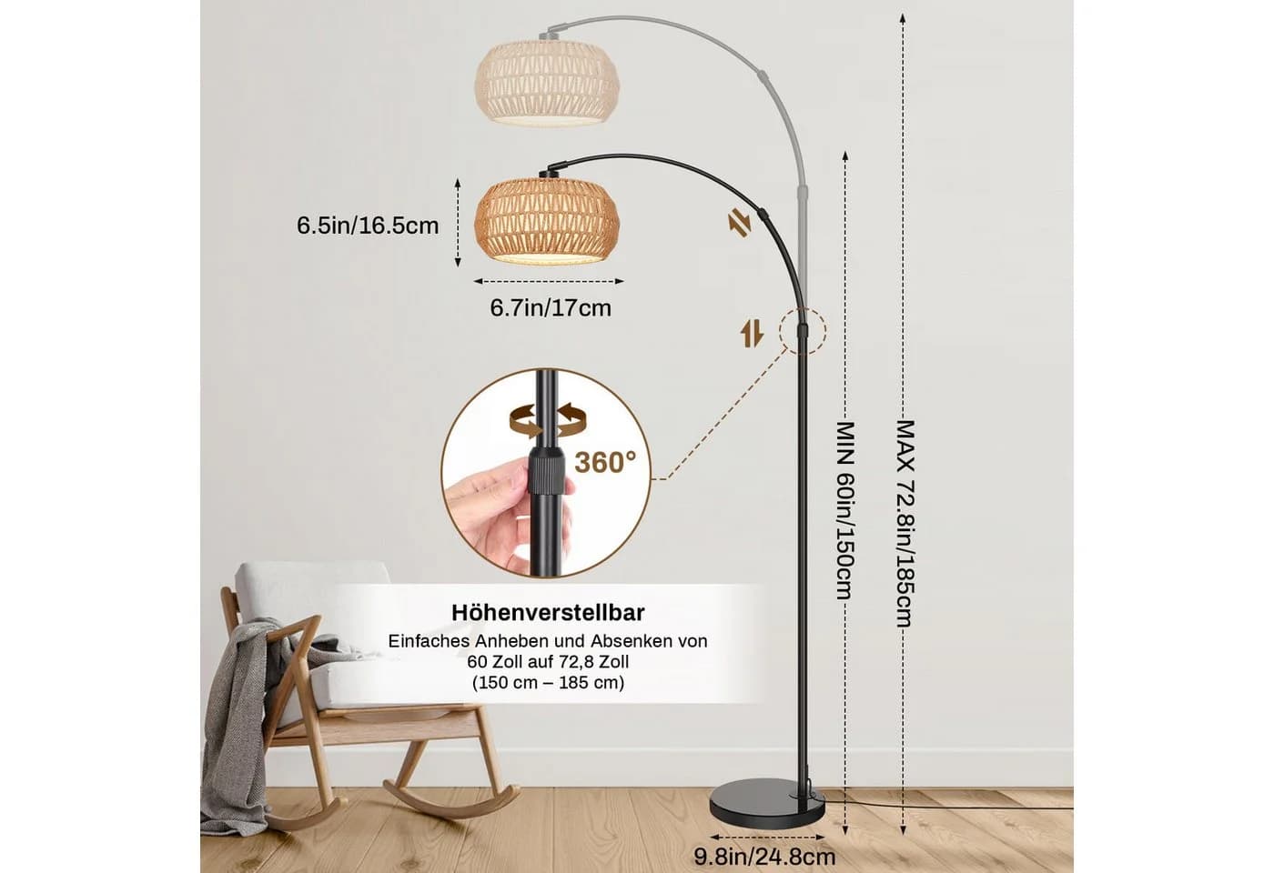 Jibenhome LED Stehlampe Rattan Boho Dimmable 183cm - Bild 4