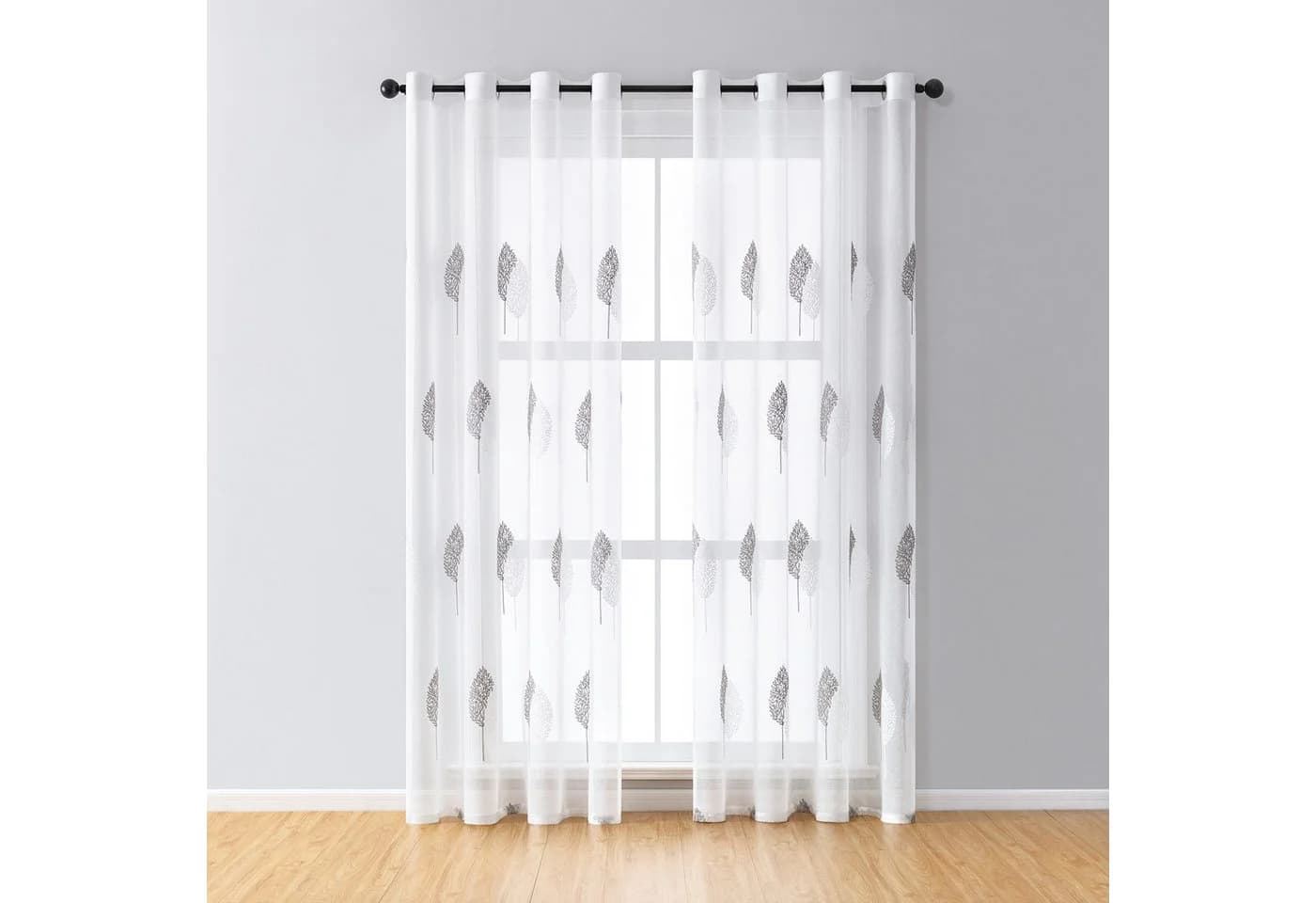BTTO V&G Gardine Voile Grau mit Blätter-Stickerei und Ösen - Bild 2