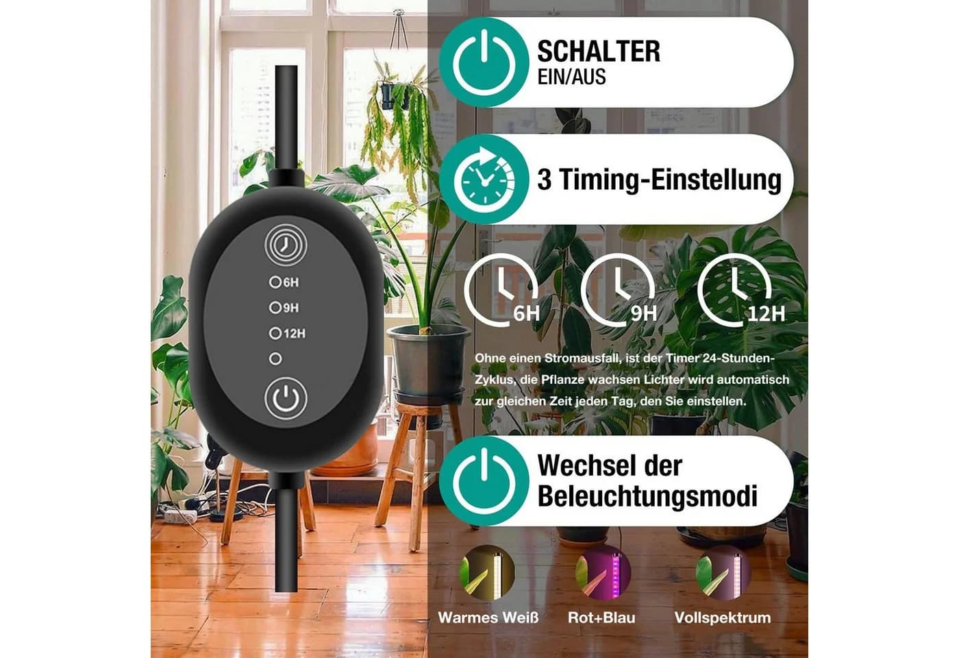 Jibenhome LED Pflanzenlampe Stehend Schwarz mit Timer - Bild 4