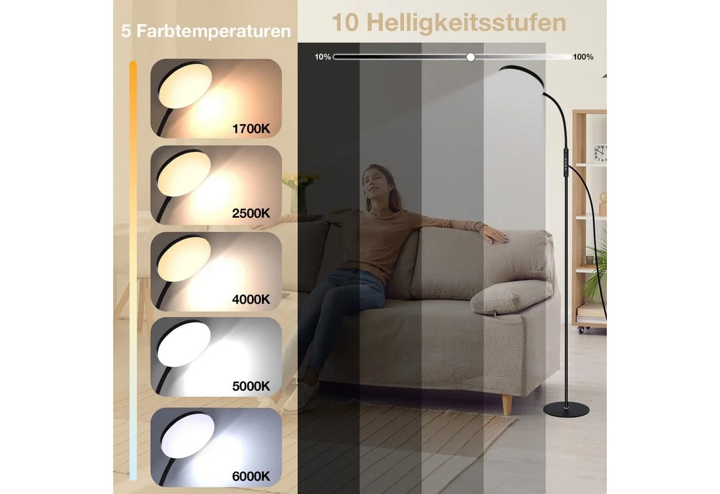 MUPOO LED Stehlampe Weiß/Schwarz mit Schwanenhals, 10 Helligkeitsstufen & 5 Lichtfarben, Timer