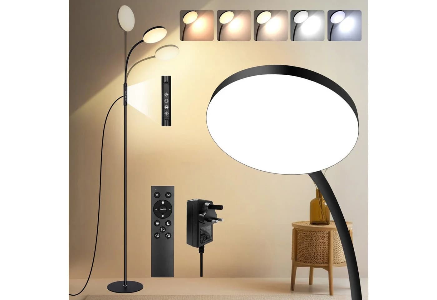 MUPOO LED Stehlampe Weiß/Schwarz mit Schwanenhals, 10 Helligkeitsstufen & 5 Lichtfarben, Timer - Bild 2
