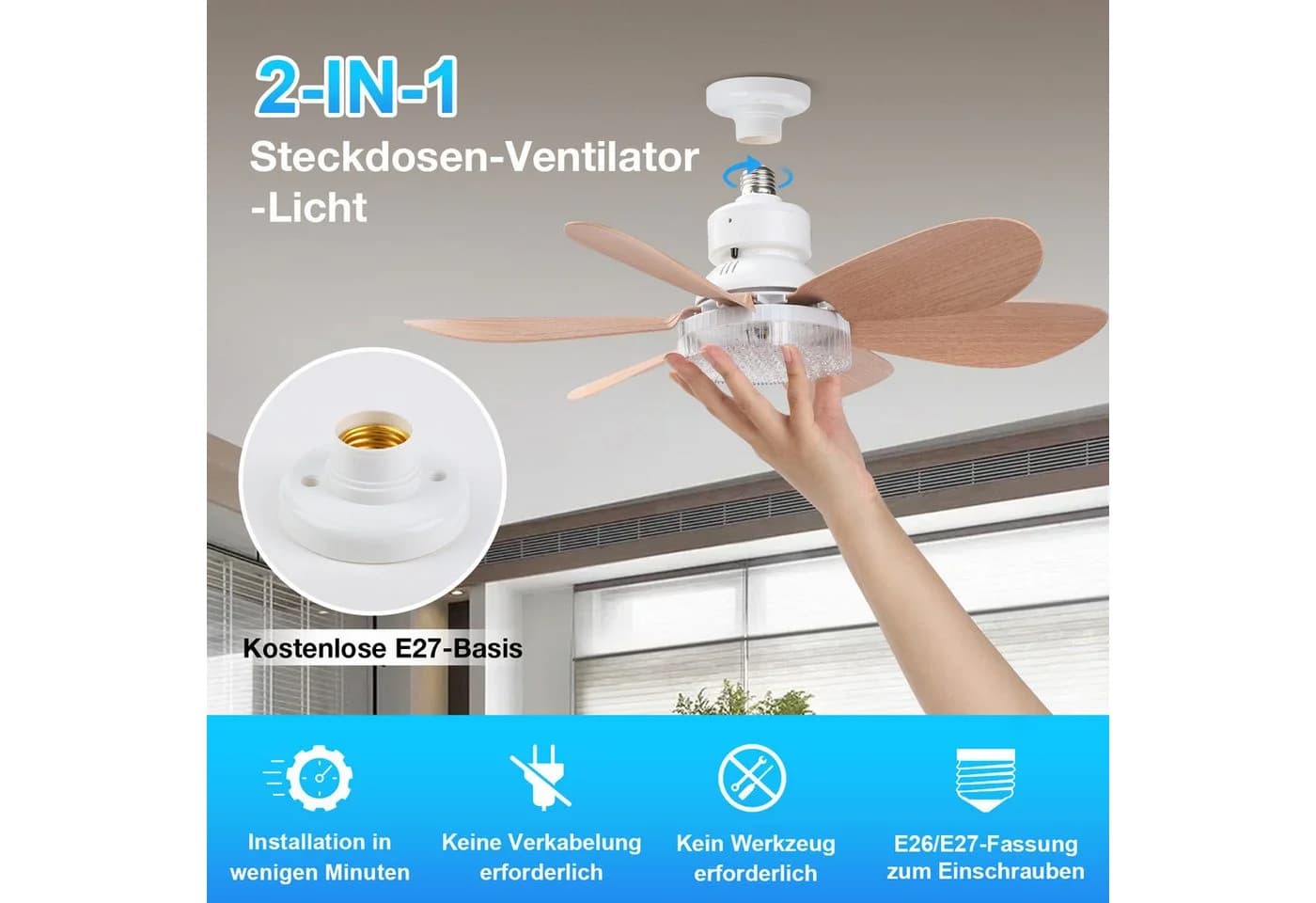 MUPOO Deckenventilator Sockel mit Licht, Dimmbar, Fernbedienung, E27 - Bild 4
