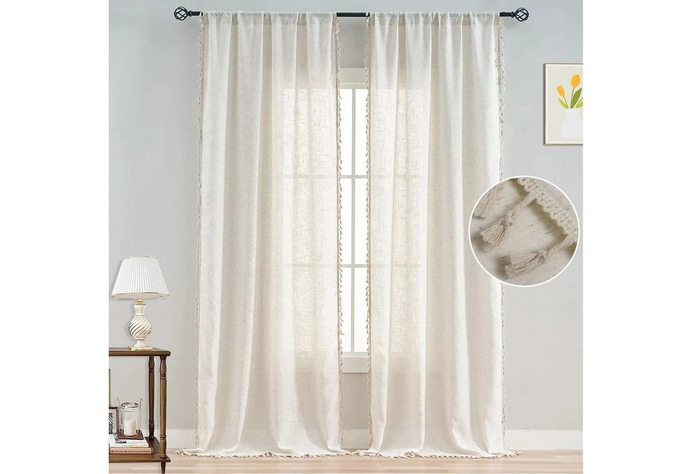 BTTO V&G Gardine Retro Vorhänge mit Quasten, Voile Gardinen Boho Creme - Bild 2