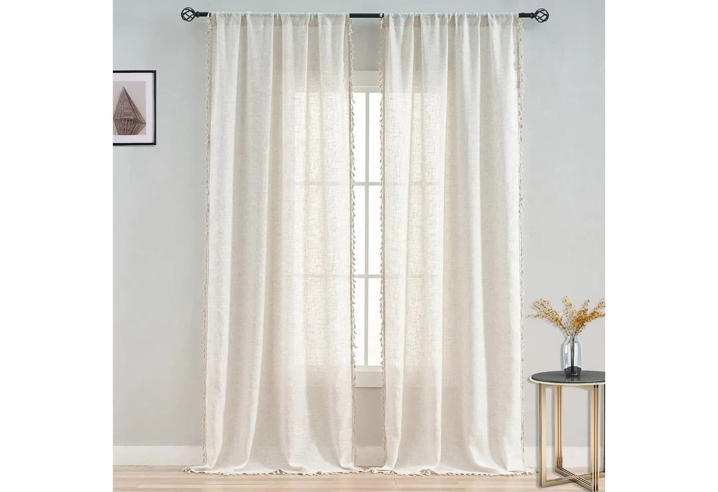 BTTO V&G Gardine Retro Vorhänge mit Quasten, Voile Gardinen Boho Creme - Bild 3