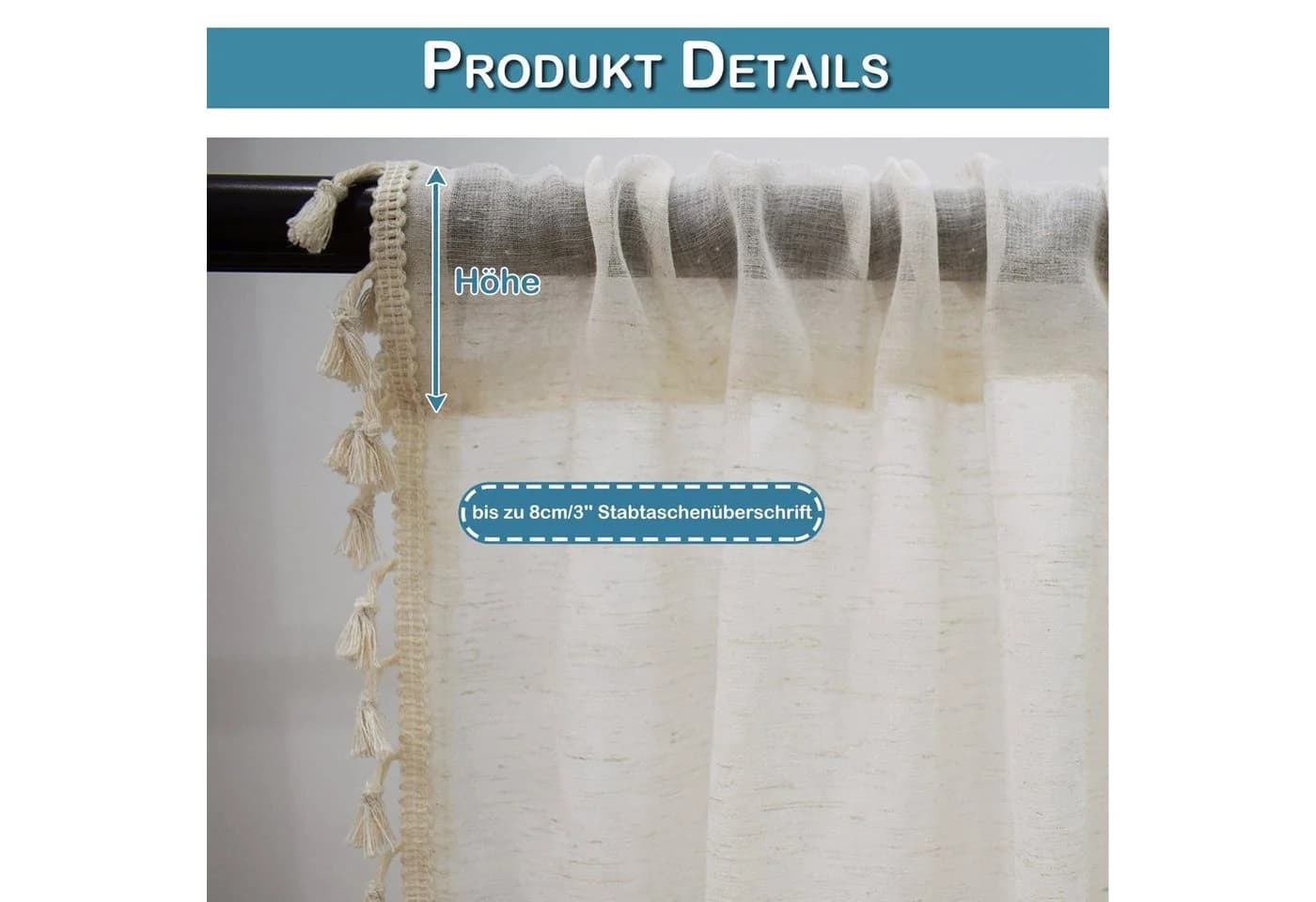 BTTO V&G Gardine Retro Vorhänge mit Quasten, Voile Gardinen Boho Creme - Bild 5