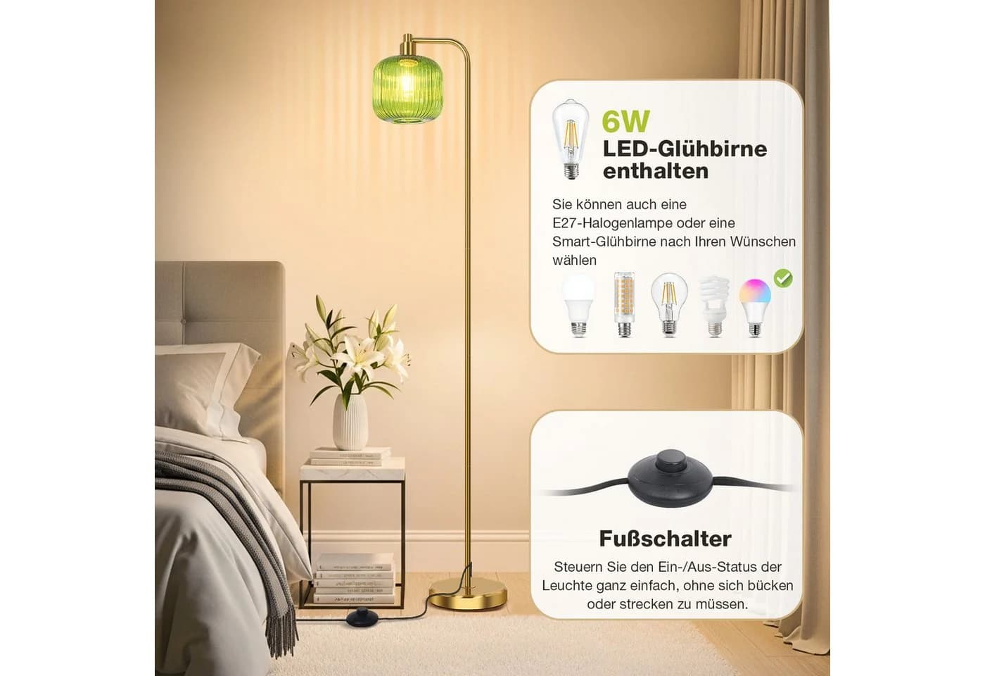 MUPOO Stehlampe Glas Kristall, Modern, LED wechselbar, Fußschalter - Bild 3