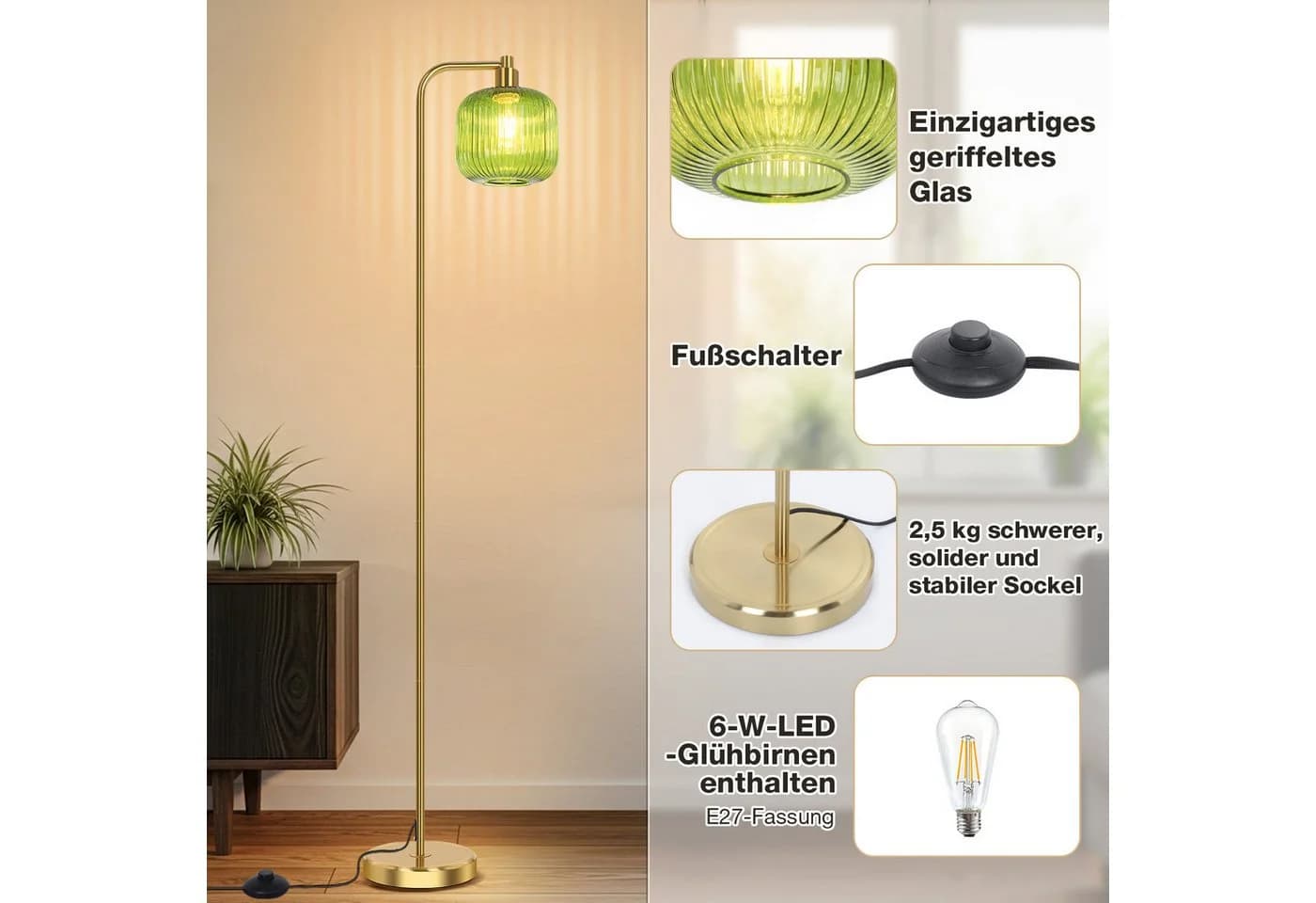 MUPOO Stehlampe Glas Kristall, Modern, LED wechselbar, Fußschalter - Bild 4