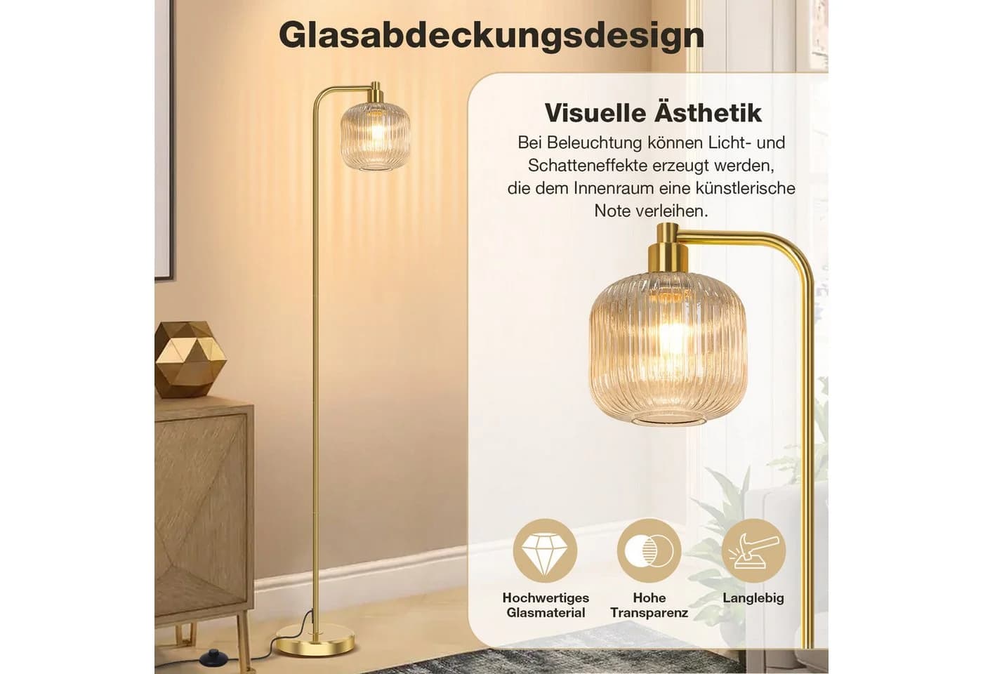 MUPOO Stehlampe Glas Kristall Stehlampe mit Glühbirne, Modern Stehleuchte Wohnzimmer, LED wechselbar, Fußschalter, mit E27 Glühbirne, für Schlafzimmer Wohnzimmer Büro