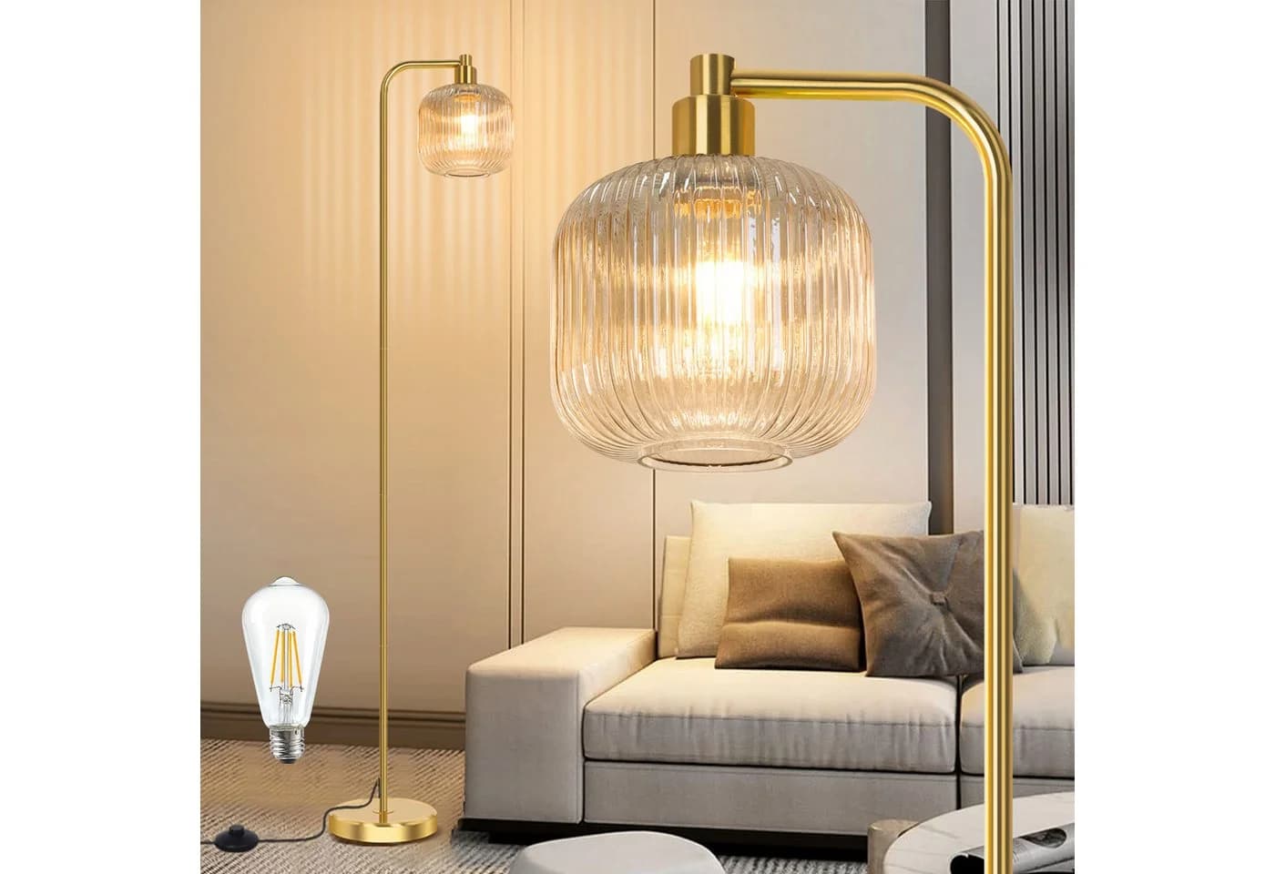 MUPOO Stehlampe Glas Kristall Stehlampe mit Glühbirne, Modern Stehleuchte Wohnzimmer, LED wechselbar, Fußschalter, mit E27 Glühbirne, für Schlafzimmer Wohnzimmer Büro - Bild 2