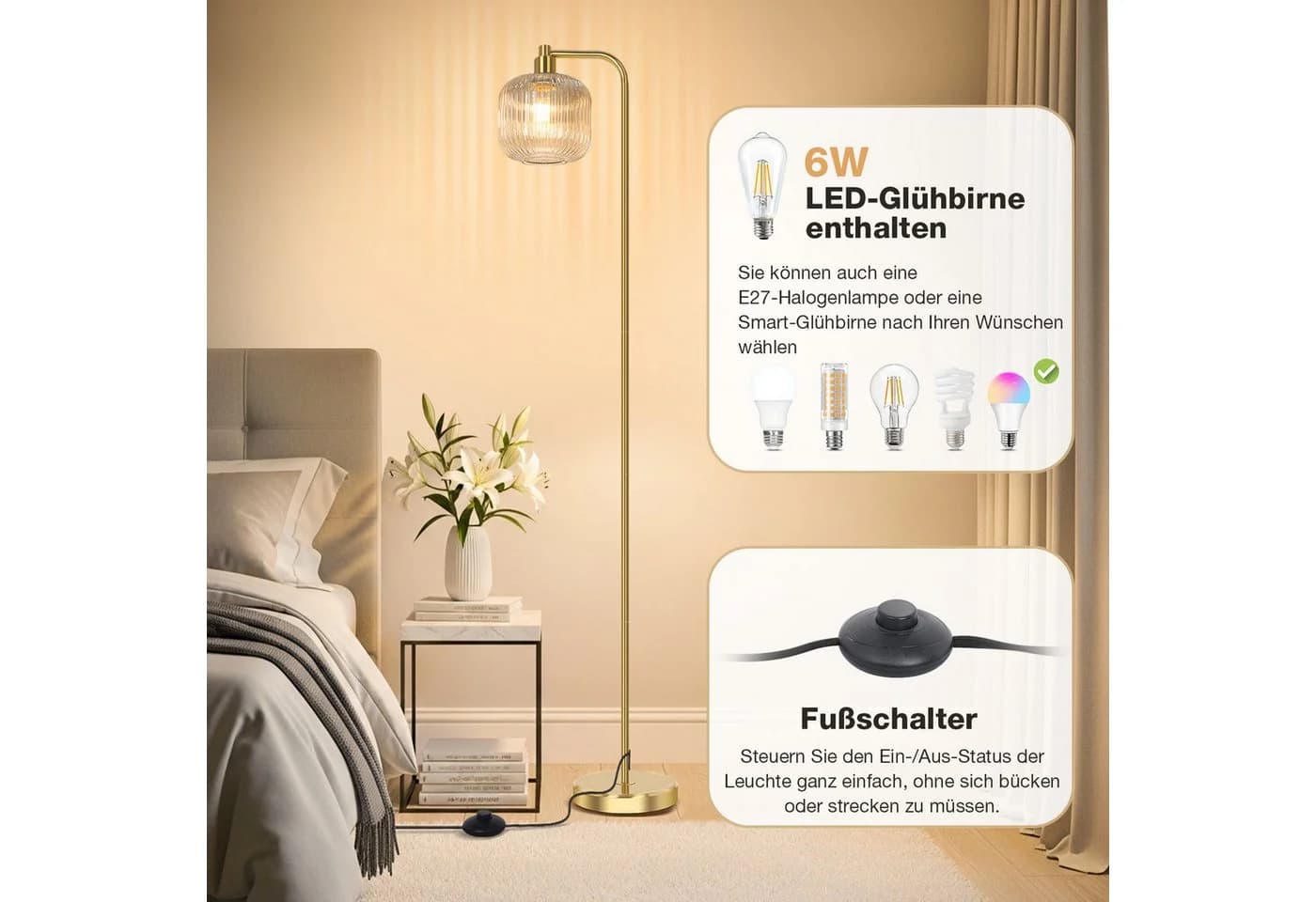 MUPOO Stehlampe Glas Kristall Stehlampe mit Glühbirne, Modern Stehleuchte Wohnzimmer, LED wechselbar, Fußschalter, mit E27 Glühbirne, für Schlafzimmer Wohnzimmer Büro - Bild 3