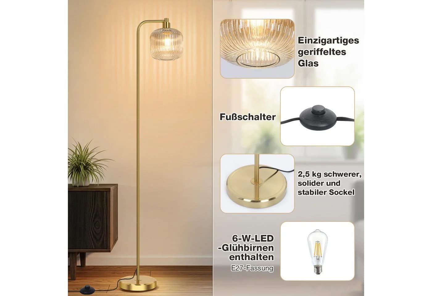 MUPOO Stehlampe Glas Kristall Stehlampe mit Glühbirne, Modern Stehleuchte Wohnzimmer, LED wechselbar, Fußschalter, mit E27 Glühbirne, für Schlafzimmer Wohnzimmer Büro - Bild 4