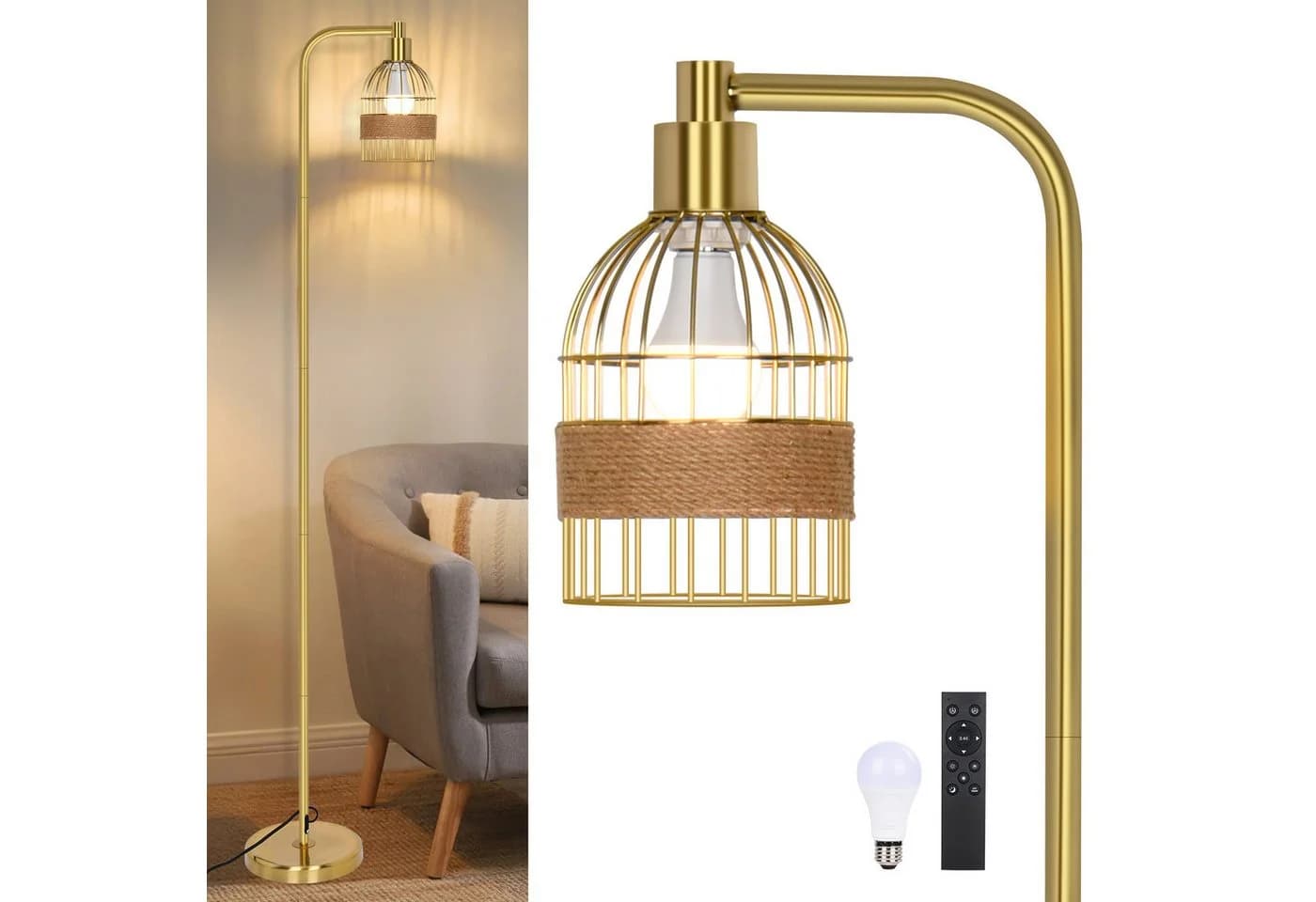 MUPOO Stehlampe Gold Dimmbar mit Fernbedienung, LED-Glühbirne, Fußschalter, E27 - Bild 2