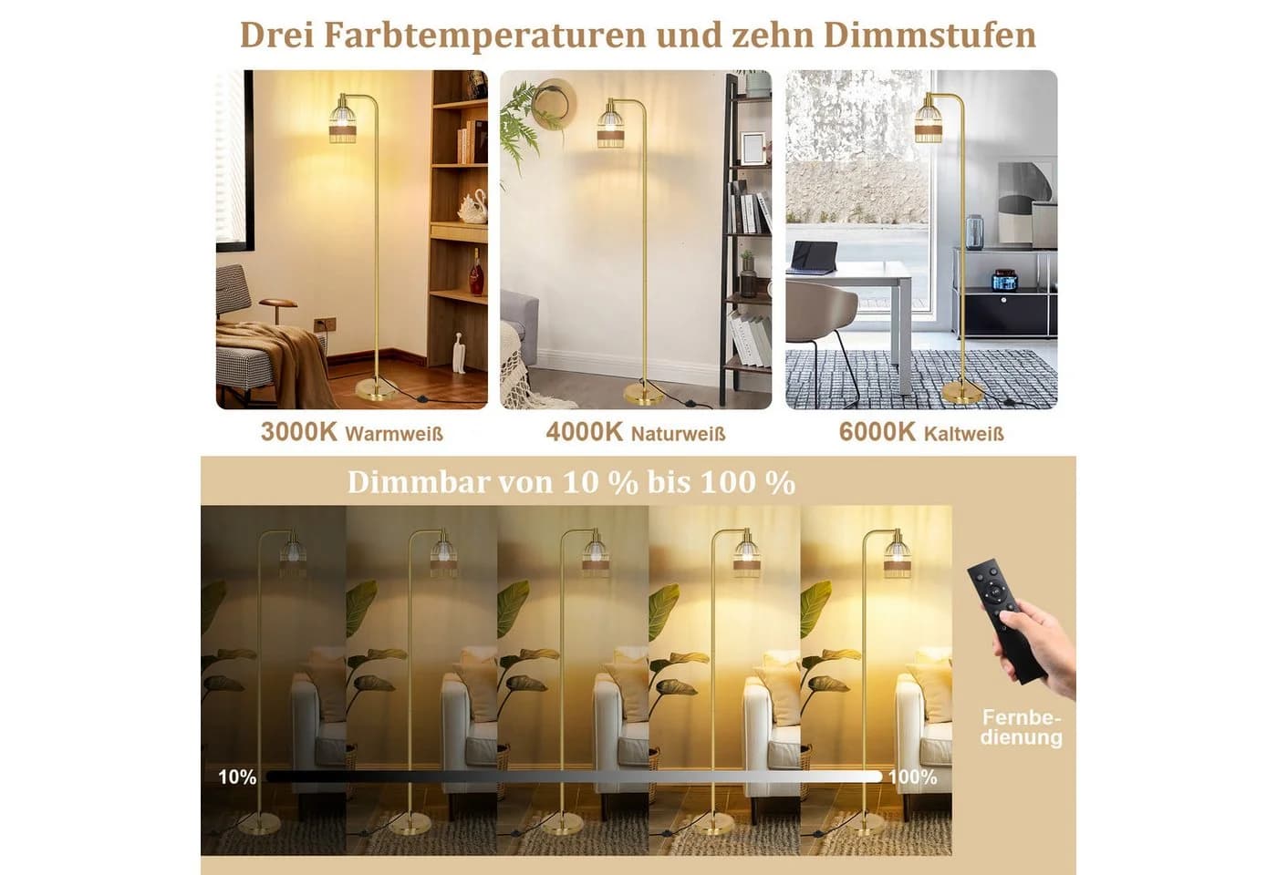 MUPOO Stehlampe Gold Dimmbar mit Fernbedienung, LED-Glühbirne, Fußschalter, E27 - Bild 3
