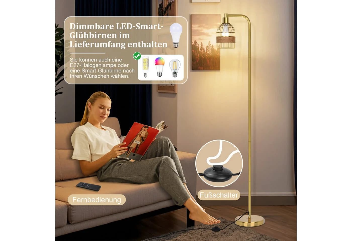 MUPOO Stehlampe Gold Dimmbar mit Fernbedienung, LED-Glühbirne, Fußschalter, E27 - Bild 4