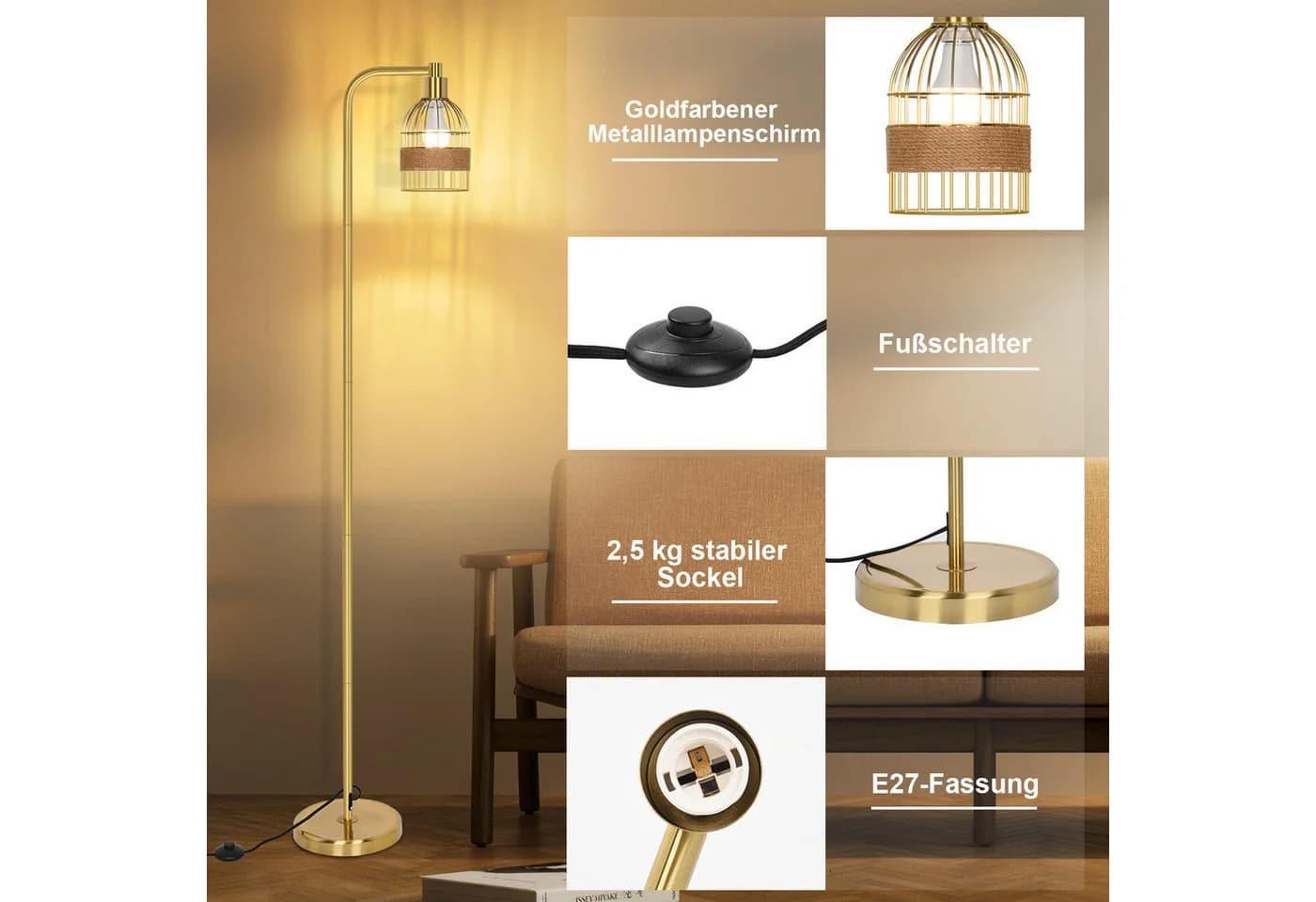 MUPOO Stehlampe Gold Dimmbar mit Fernbedienung, LED-Glühbirne, Fußschalter, E27 - Bild 5