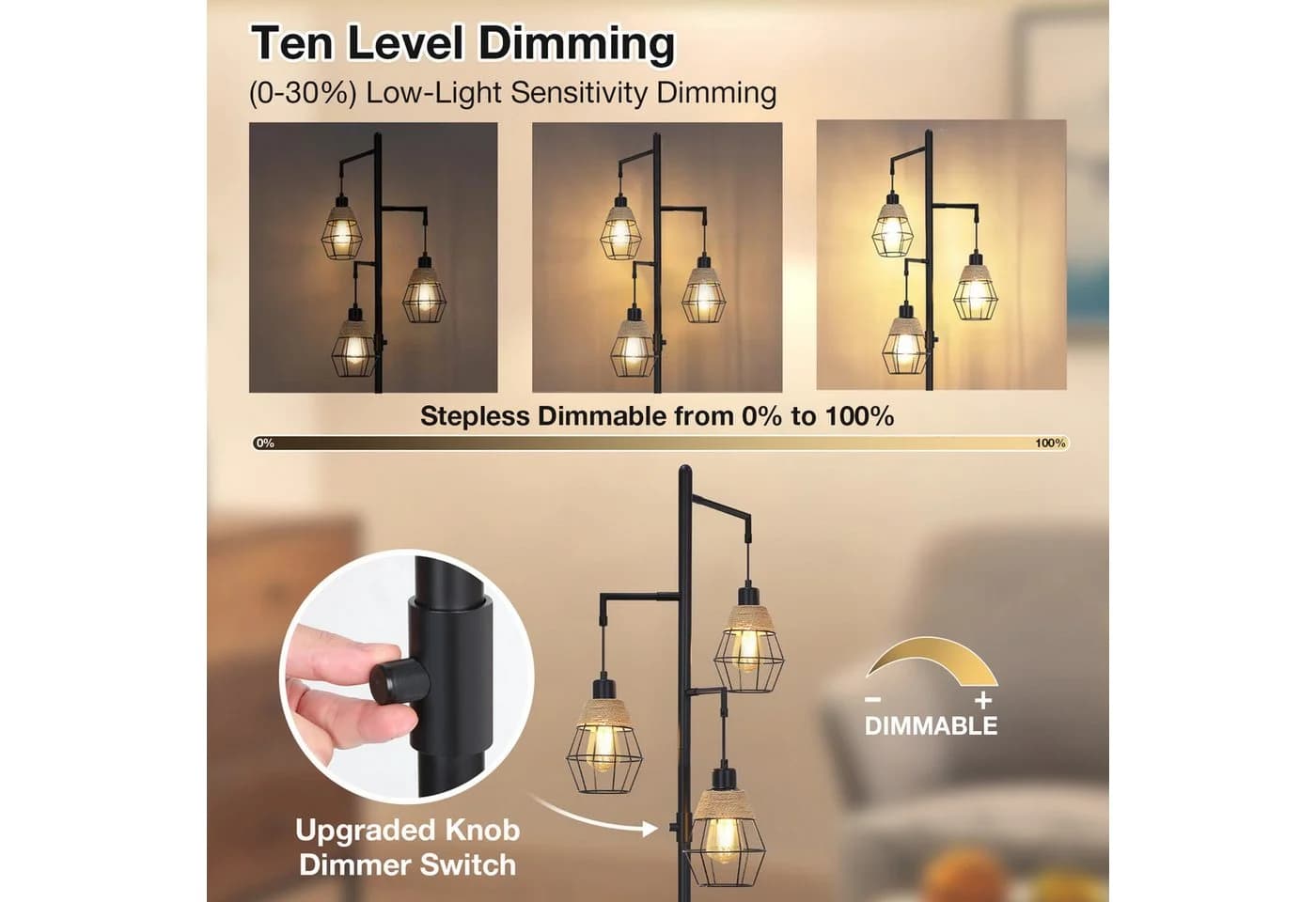 MUPOO Stehlampe Industrial Design 3x LED Schwarz Dimmbar
