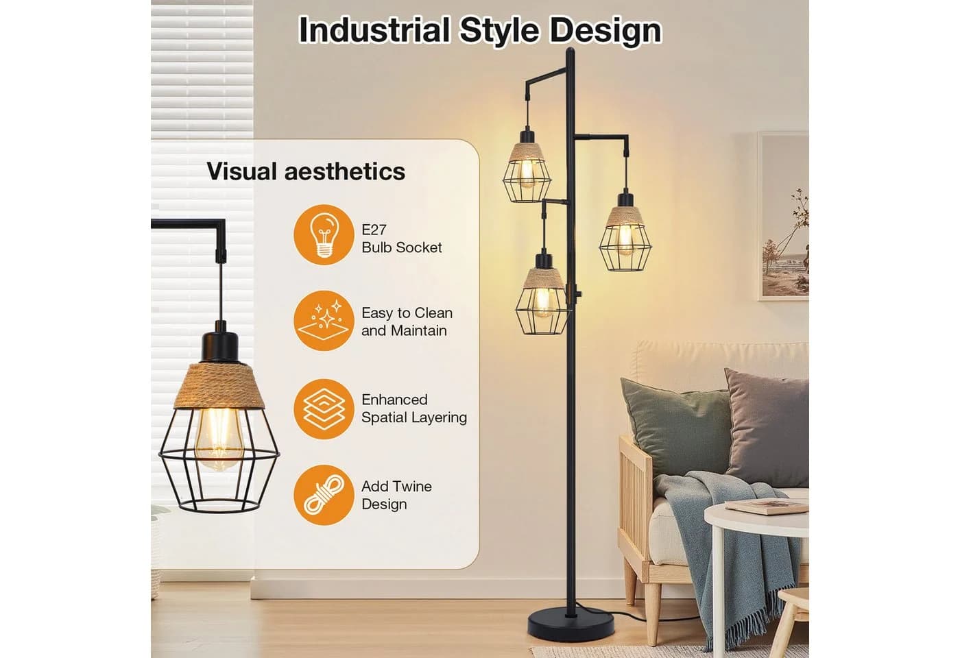 MUPOO Stehlampe Industrial Design 3x LED Schwarz Dimmbar - Bild 3
