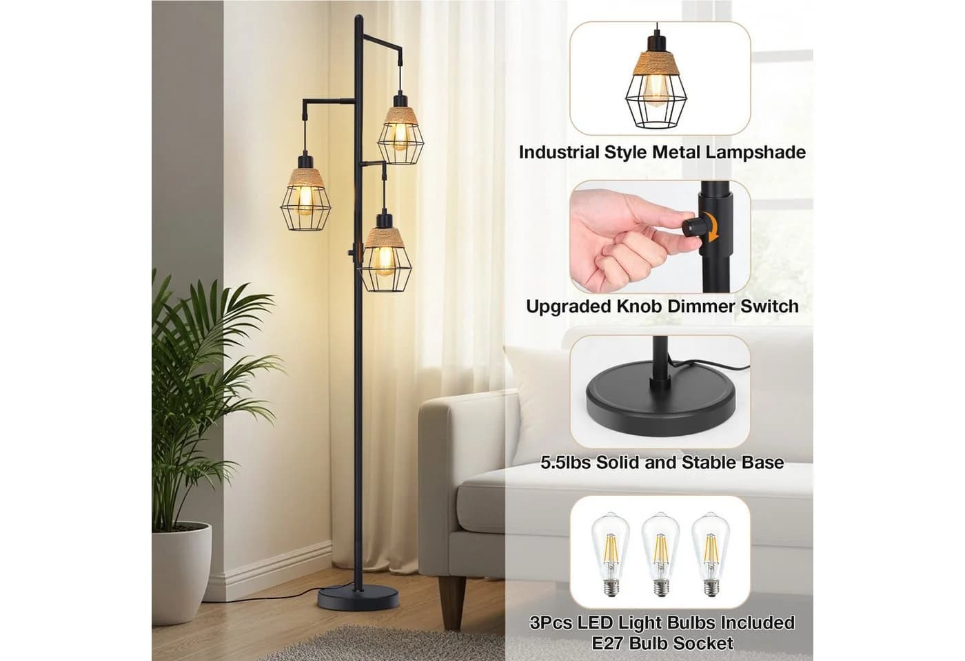 MUPOO Stehlampe Industrial Design 3x LED Schwarz Dimmbar - Bild 5