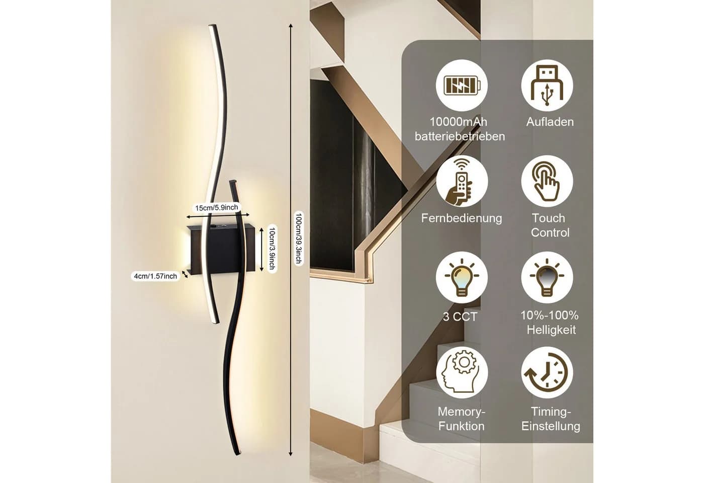 Jibenhome Wandleuchte LED Wandleuchte Innen Wandlampe Wandbeleuchtung, Minimalistische, LED fest integriert, Batteriebetrieben&USB Aufladung, Fernbedienung&Touch-Steuerung, Timer