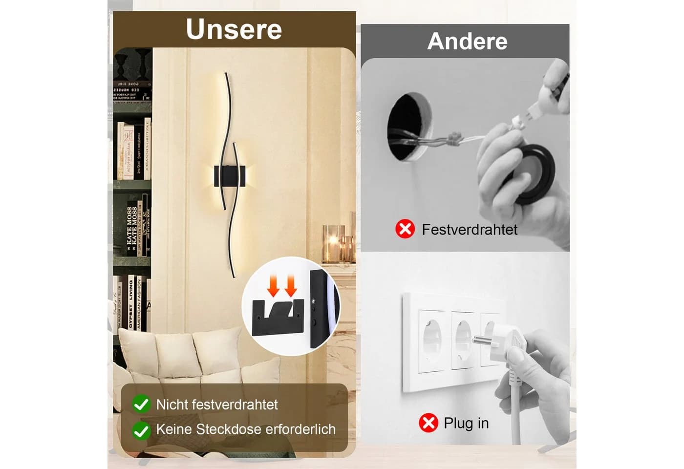 Jibenhome Wandleuchte LED Wandleuchte Innen Wandlampe Wandbeleuchtung, Minimalistische, LED fest integriert, Batteriebetrieben&USB Aufladung, Fernbedienung&Touch-Steuerung, Timer - Bild 3