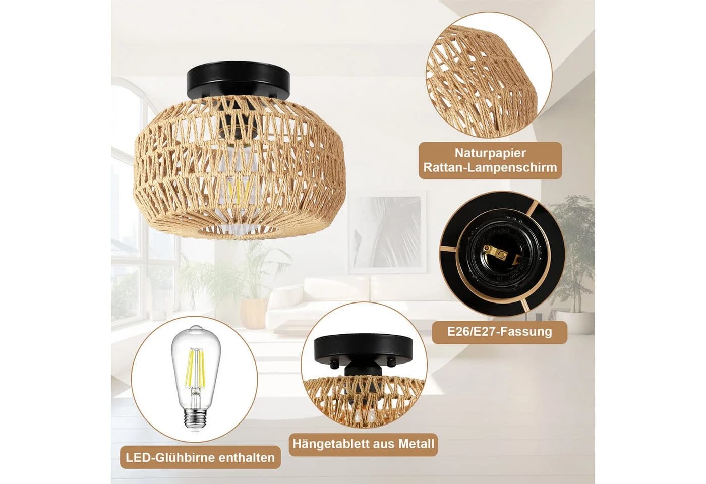 MUPOO Deckenleuchte Rattan Hängeleuchte Boho Deckenlampe LED - Bild 3