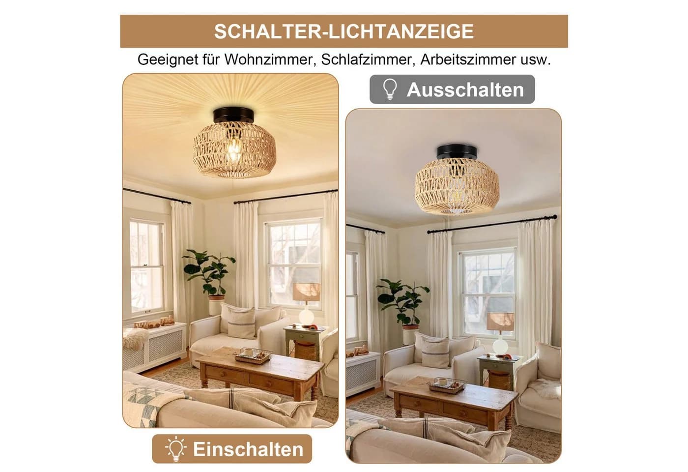 MUPOO Deckenleuchte Rattan Hängeleuchte Boho Deckenlampe LED - Bild 4